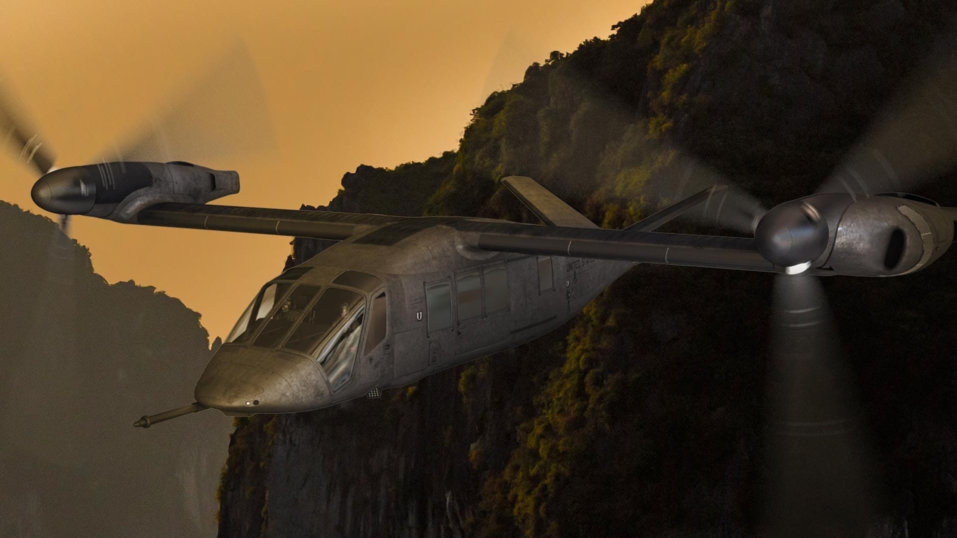 Bell-V-280-über-Wasser-im-Sonnenuntergang