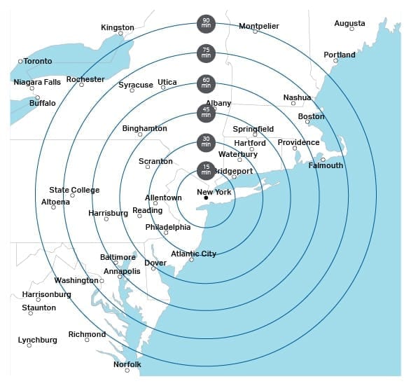 Bell 429 über New York City Reichweitenringen